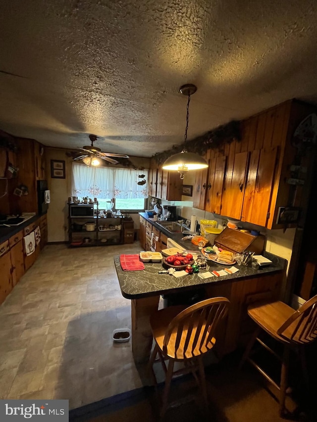 dining room featuring a textured ceiling and ceiling fan