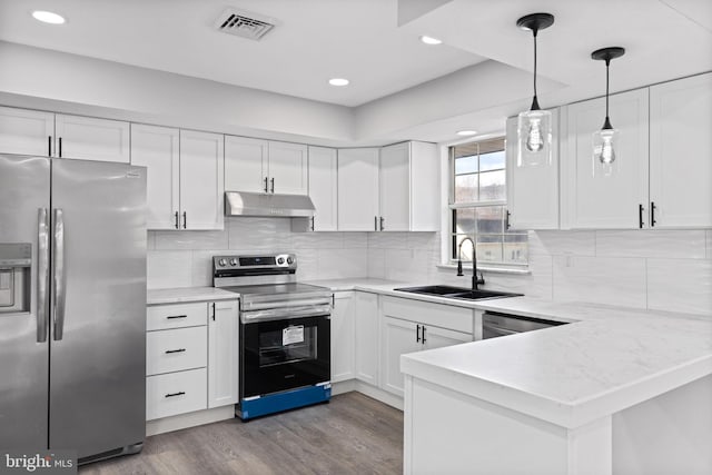 kitchen featuring white cabinets, stainless steel appliances, kitchen peninsula, and sink