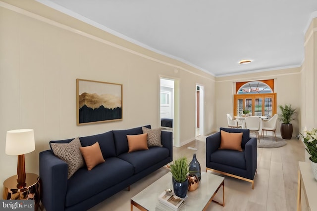 living room featuring light wood-type flooring and ornamental molding