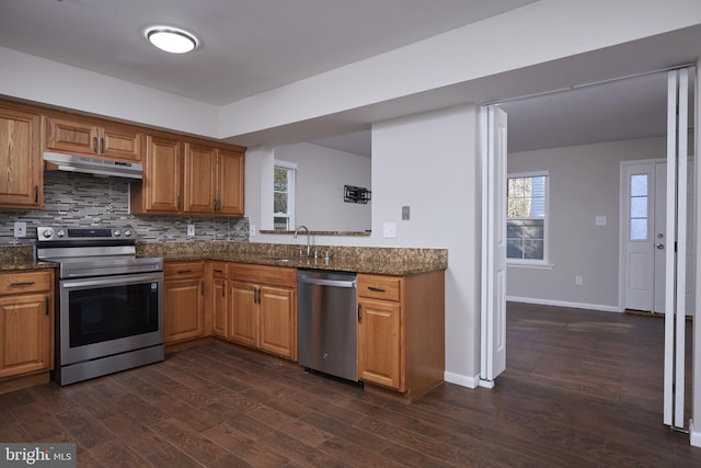 kitchen with a healthy amount of sunlight, dark wood-type flooring, and appliances with stainless steel finishes