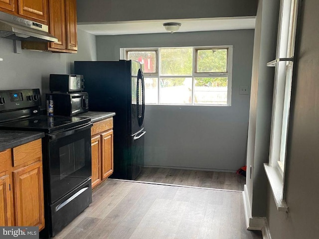 kitchen featuring black appliances, ventilation hood, and light hardwood / wood-style flooring