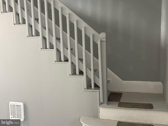 stairs featuring wooden walls