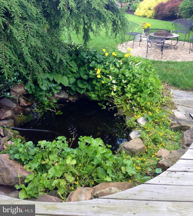 view of property's community with a patio area and an outdoor fire pit