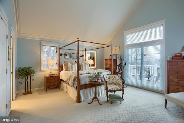 carpeted bedroom featuring access to outside, multiple windows, crown molding, and high vaulted ceiling