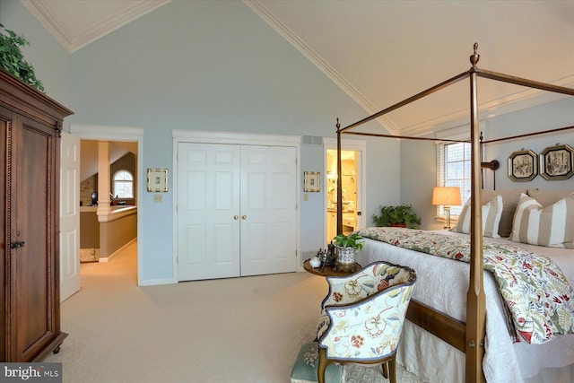 bedroom featuring light carpet, high vaulted ceiling, and crown molding