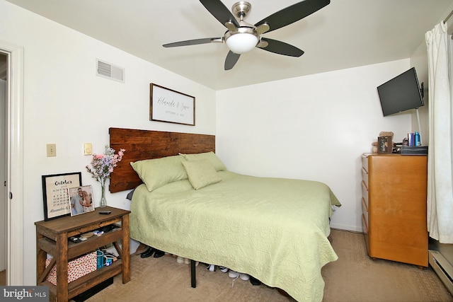 carpeted bedroom with baseboard heating and ceiling fan