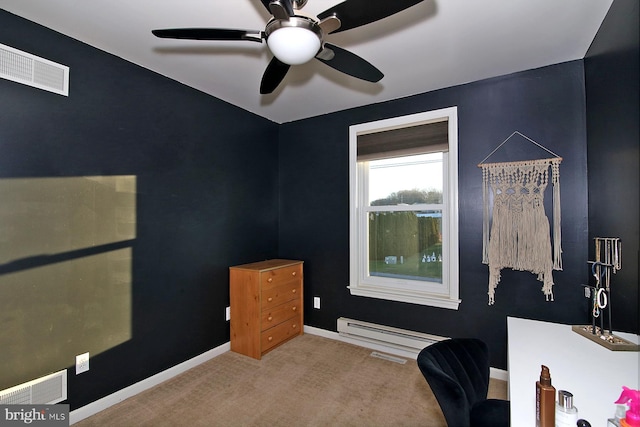 office featuring ceiling fan, light colored carpet, and baseboard heating