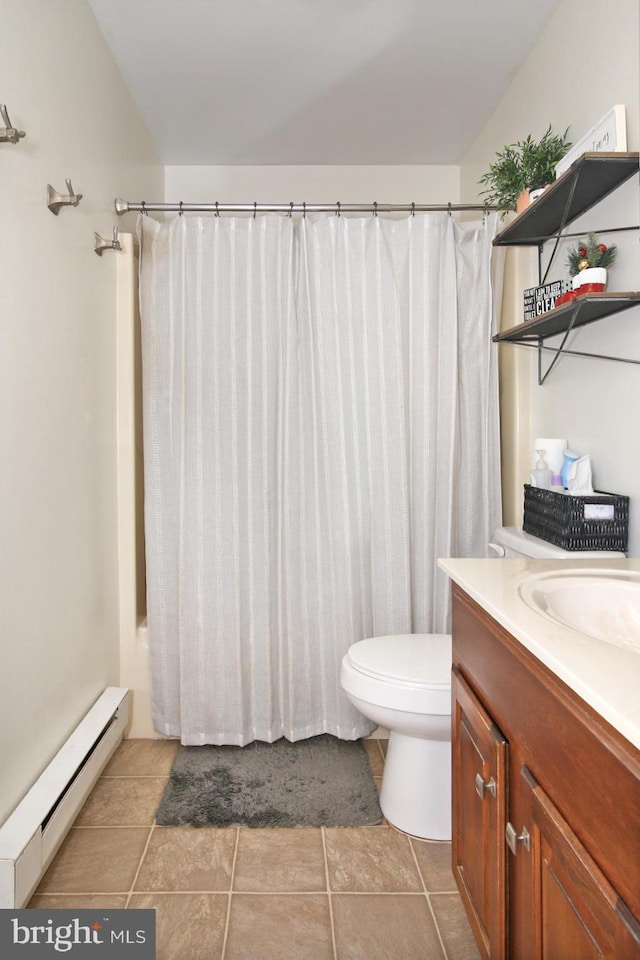 full bathroom with tile patterned flooring, shower / bath combo, toilet, and a baseboard heating unit