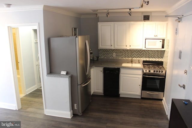 kitchen with dark hardwood / wood-style floors, crown molding, white cabinetry, and stainless steel appliances