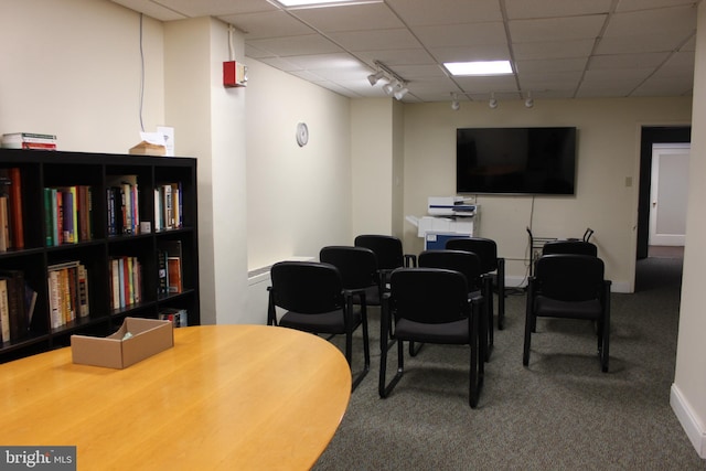 office space with a paneled ceiling, carpet floors, and rail lighting