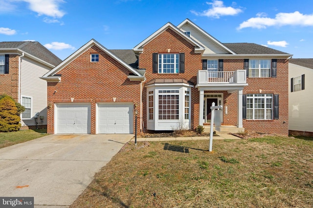 10018 Erion Ct, Bowie, MD 20721 - colonial inspired home featuring brick siding, driveway, a front lawn, an attached garage, and a balcony