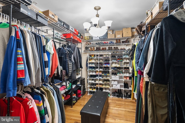 spacious closet featuring a chandelier and hardwood / wood-style flooring