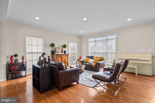 living room with ornamental molding and light hardwood / wood-style flooring