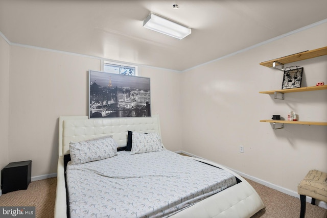 carpeted bedroom featuring crown molding