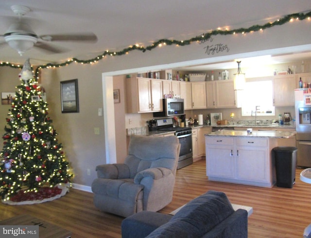 kitchen featuring ceiling fan, sink, appliances with stainless steel finishes, and light hardwood / wood-style flooring