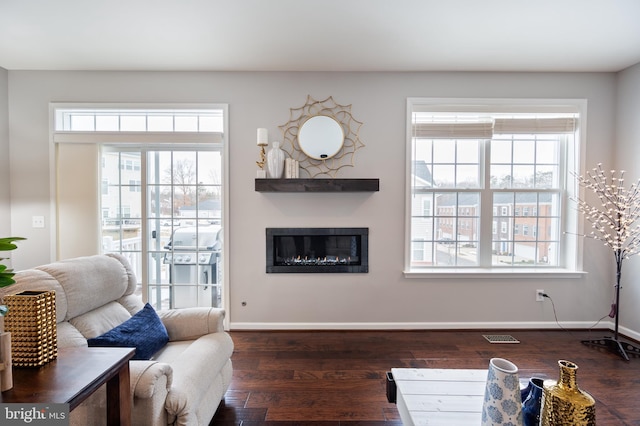 living room with dark wood-type flooring