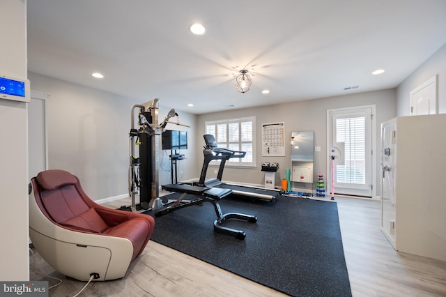 workout room with a healthy amount of sunlight and light hardwood / wood-style flooring