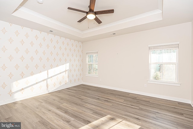 spare room with hardwood / wood-style flooring, a raised ceiling, and a wealth of natural light