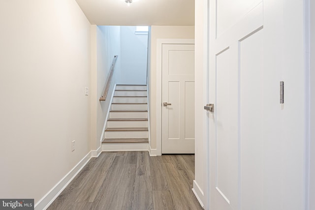 staircase featuring hardwood / wood-style flooring