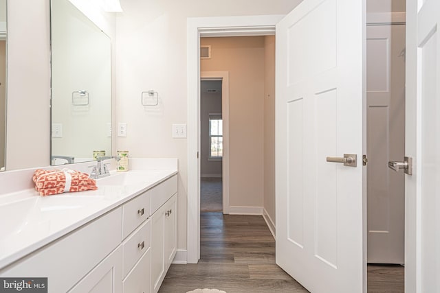 bathroom with hardwood / wood-style floors and vanity