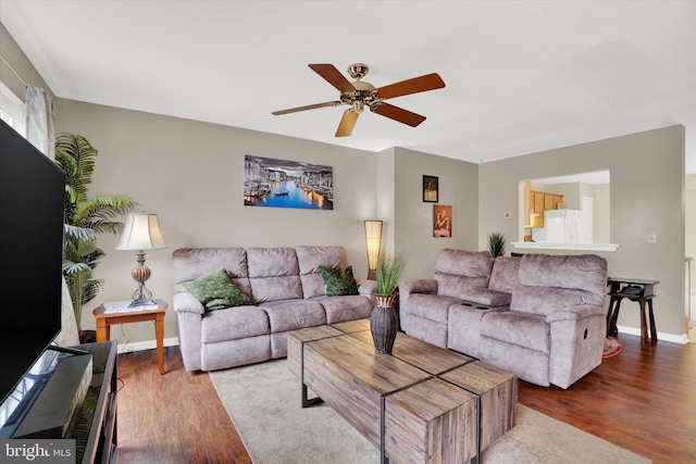 living room with ceiling fan and hardwood / wood-style floors