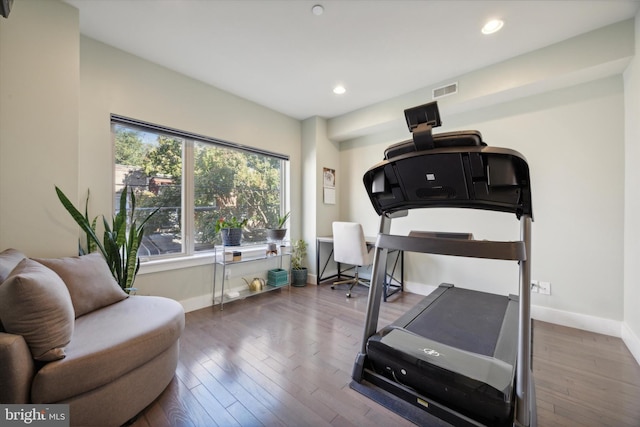 workout room with hardwood / wood-style flooring