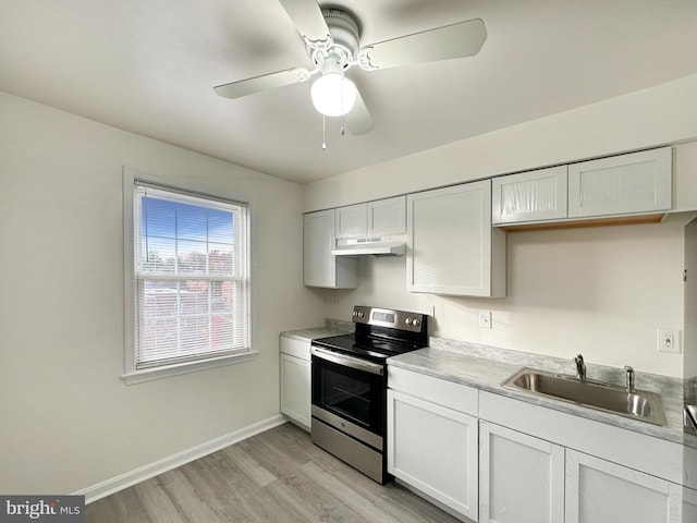 kitchen featuring sink, light wood-type flooring, white cabinets, and stainless steel electric range