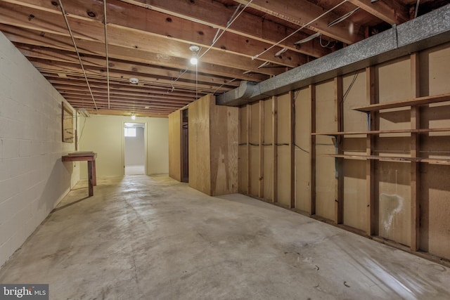 unfinished basement featuring concrete block wall