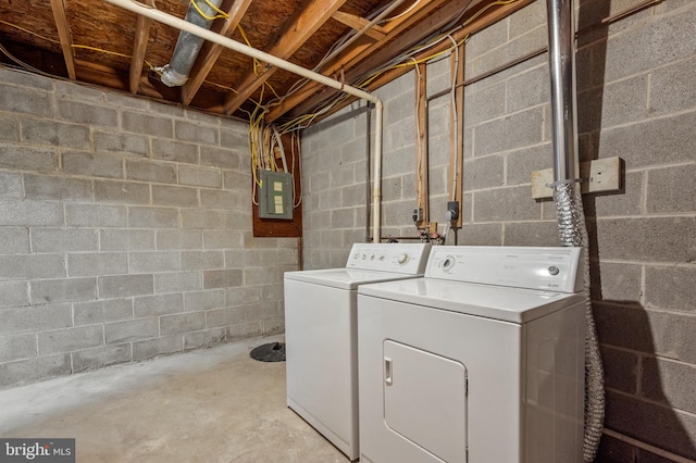 washroom with laundry area, electric panel, and separate washer and dryer