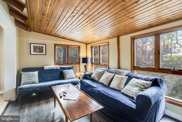 living room featuring hardwood / wood-style floors, lofted ceiling, wood ceiling, and a wealth of natural light