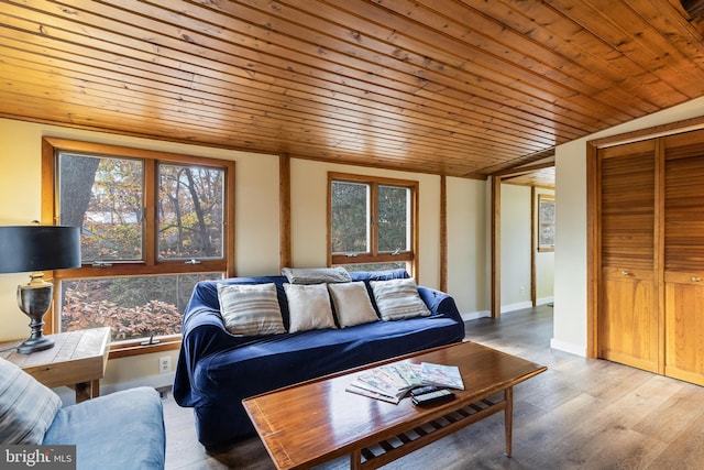 living room with hardwood / wood-style flooring, wooden ceiling, and vaulted ceiling