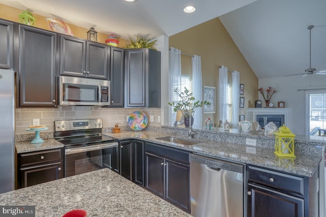 kitchen featuring sink, lofted ceiling, stainless steel appliances, and a wealth of natural light