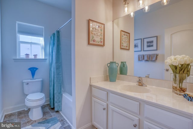 full bathroom with shower / bath combo, toilet, and vanity