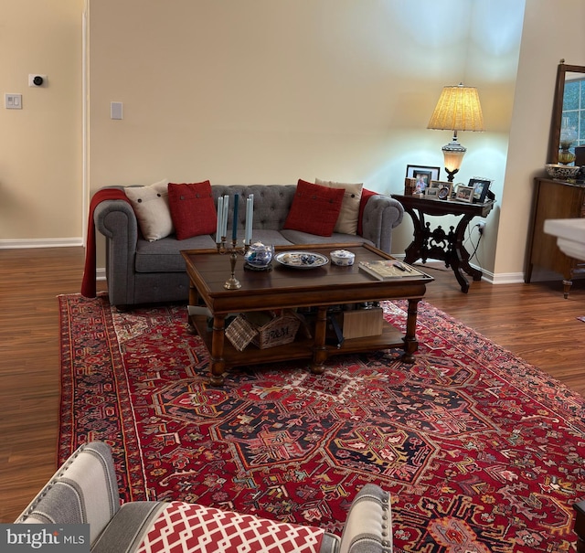 living room with dark hardwood / wood-style flooring