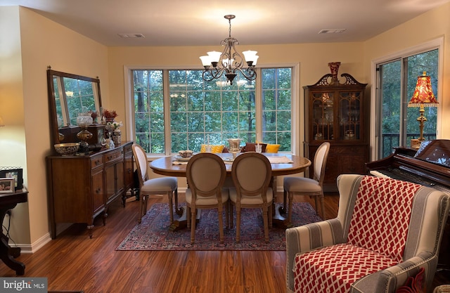 dining room featuring a chandelier, a wealth of natural light, and dark wood-type flooring