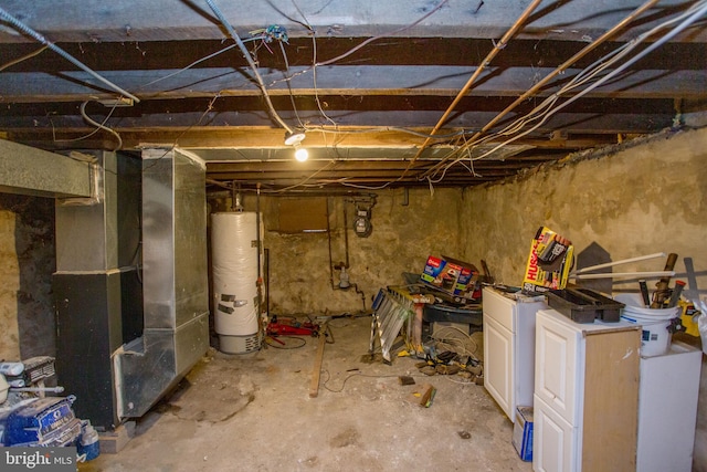 basement with gas water heater and heating unit