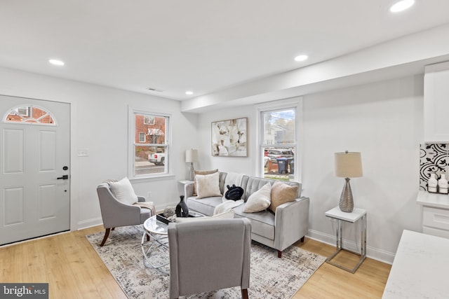 living room with plenty of natural light and light hardwood / wood-style flooring