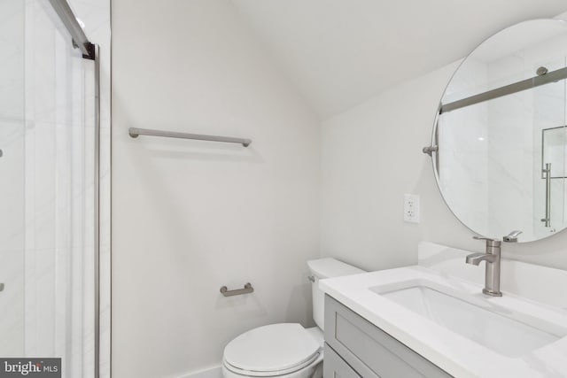 bathroom featuring vanity, an enclosed shower, vaulted ceiling, and toilet