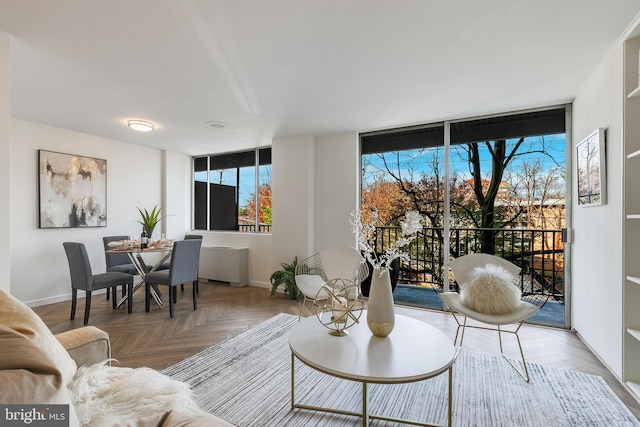 living room featuring parquet flooring