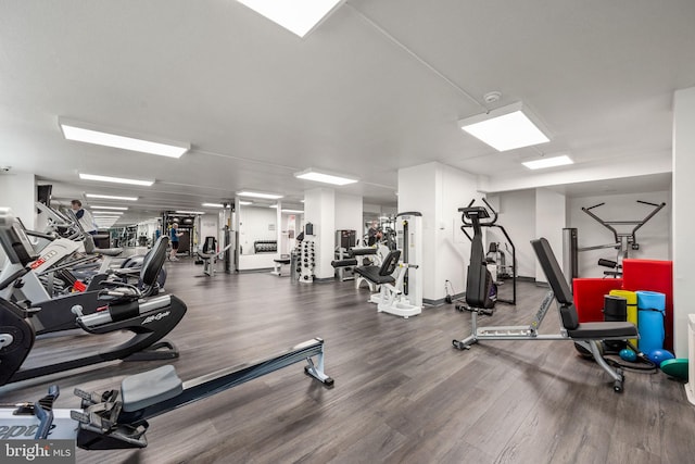 exercise room with hardwood / wood-style floors