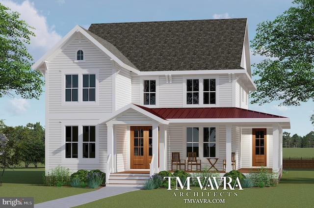 view of front of house with covered porch and a front yard