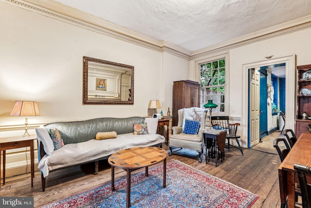 living room featuring hardwood / wood-style floors, a textured ceiling, and crown molding