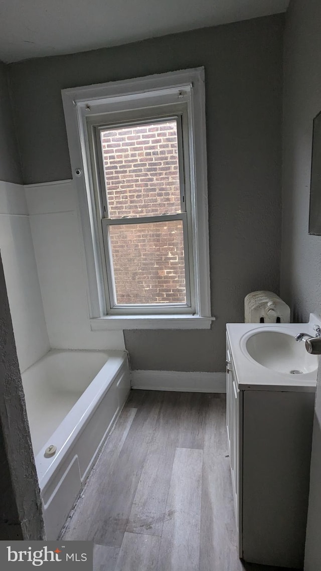 bathroom featuring vanity, wood-type flooring, and a bath