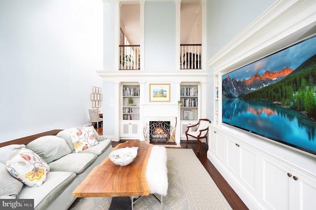 living room featuring dark hardwood / wood-style floors, built in features, and a fireplace