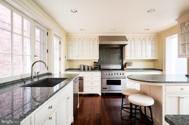 kitchen with sink, wall chimney exhaust hood, dark hardwood / wood-style floors, dark stone counters, and appliances with stainless steel finishes