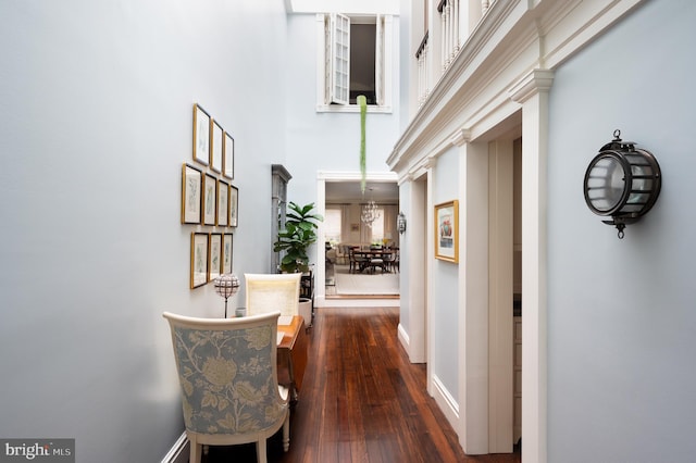 hall featuring dark wood-type flooring and a high ceiling