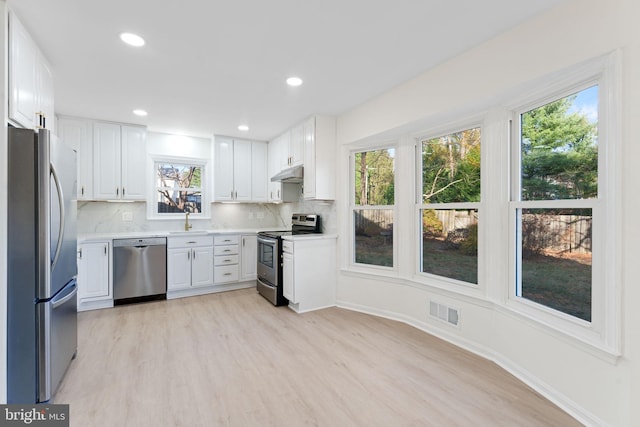 kitchen with backsplash, white cabinets, sink, light wood-type flooring, and stainless steel appliances