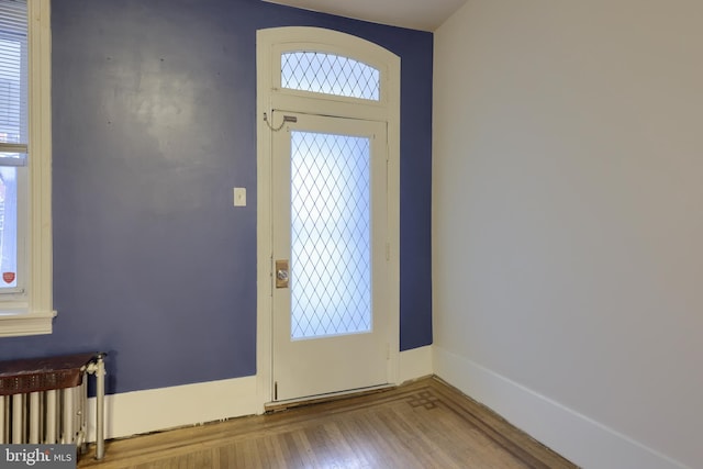 entryway with radiator, a wealth of natural light, and hardwood / wood-style floors