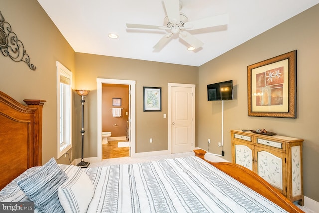 bedroom featuring connected bathroom and ceiling fan