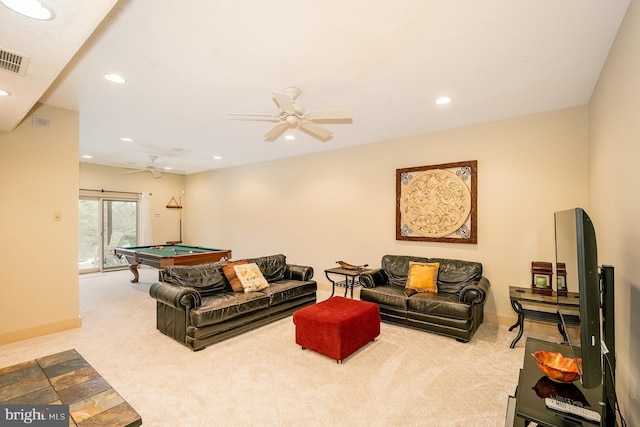 game room featuring light carpet, ceiling fan, and billiards